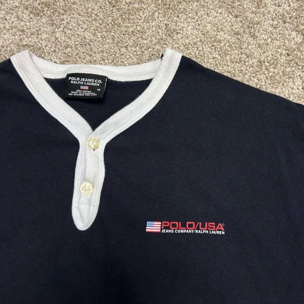 Vintage Polo Jeans Company Ralph Lauren Tshirt Men Size Medium Button Preppy - Picture 6 of 8